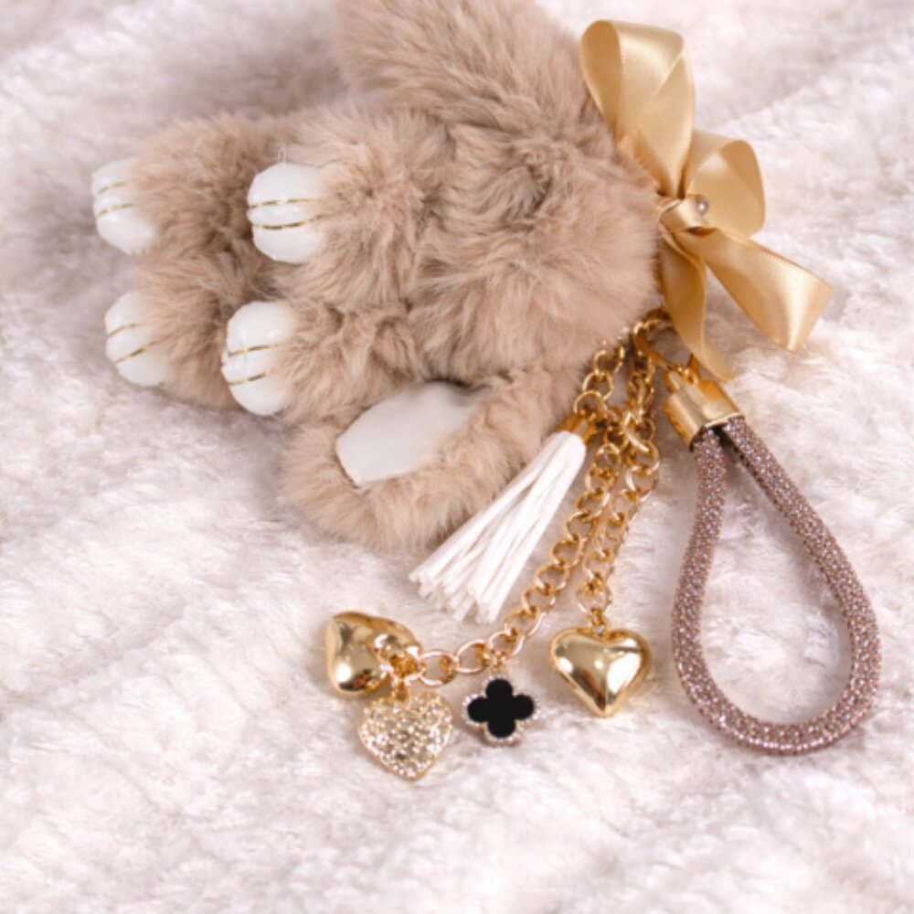Faux Fur Bunny Bag Charm Gold Keychain Tassel Rhinestone Loop Boutique Style - Picture 2 of 4